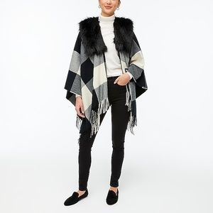 J CREW FACTORY BUFFALO PLAID FAUX FUR FRINGED WRAP CAPE SCARF BLK WHT NWT